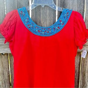 Hand Made Red Dress with Blue Embroidery and Beading Women’s Small